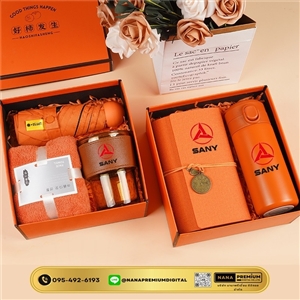 ชุดของขวัญ giftset สีส้ม ชุดเซ็ทรับไหว้ ชุดเช็ทผ้าเช็ดตัว+แก้วกาแฟ นมร้อน น้ำผลไม้ เครื่องหนัง