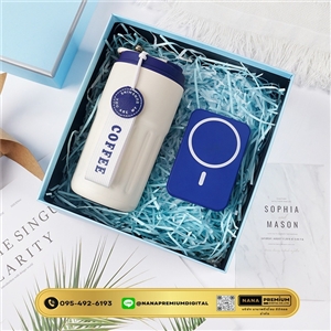 ชุดของขวัญ ของแจกสีฟ้า ชุดเซ็ทรับไหว้ ชุดเช็ทผ้าเช็ดตัว+แก้วกาแฟ นมร้อน น้ำผลไม้ เครื่องหนัง